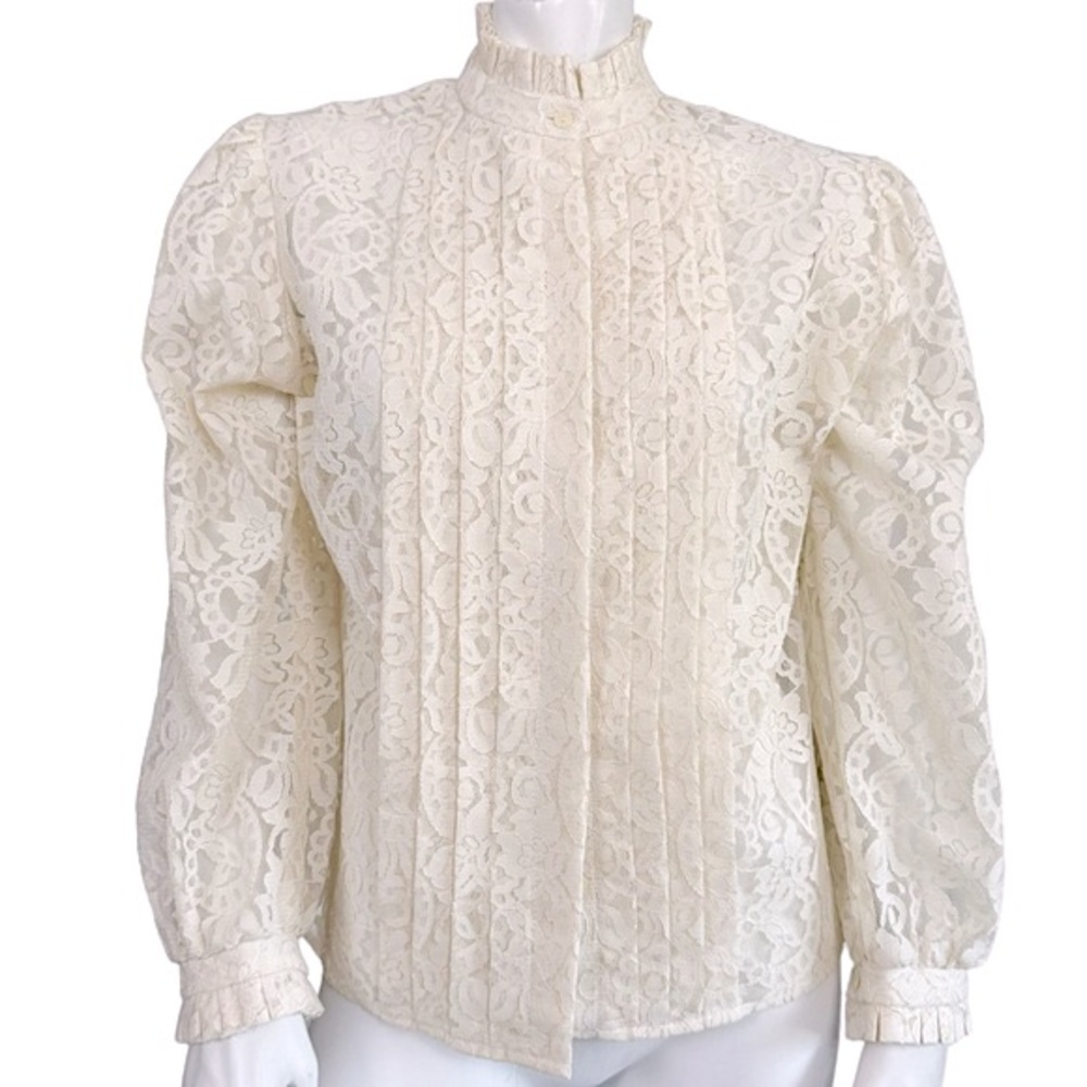 VINTAGE Romantic Sheer Cream Floral Lace Pleated Button Up Blouse